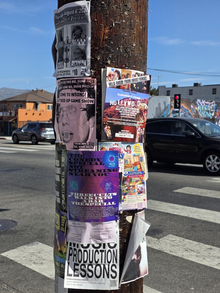 Wooden utility pole canvassed with local fliers of events and madness