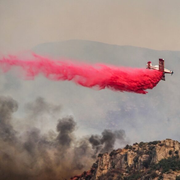 Airplane drops fire retardant from low elevation above the treetops of an active California fire
