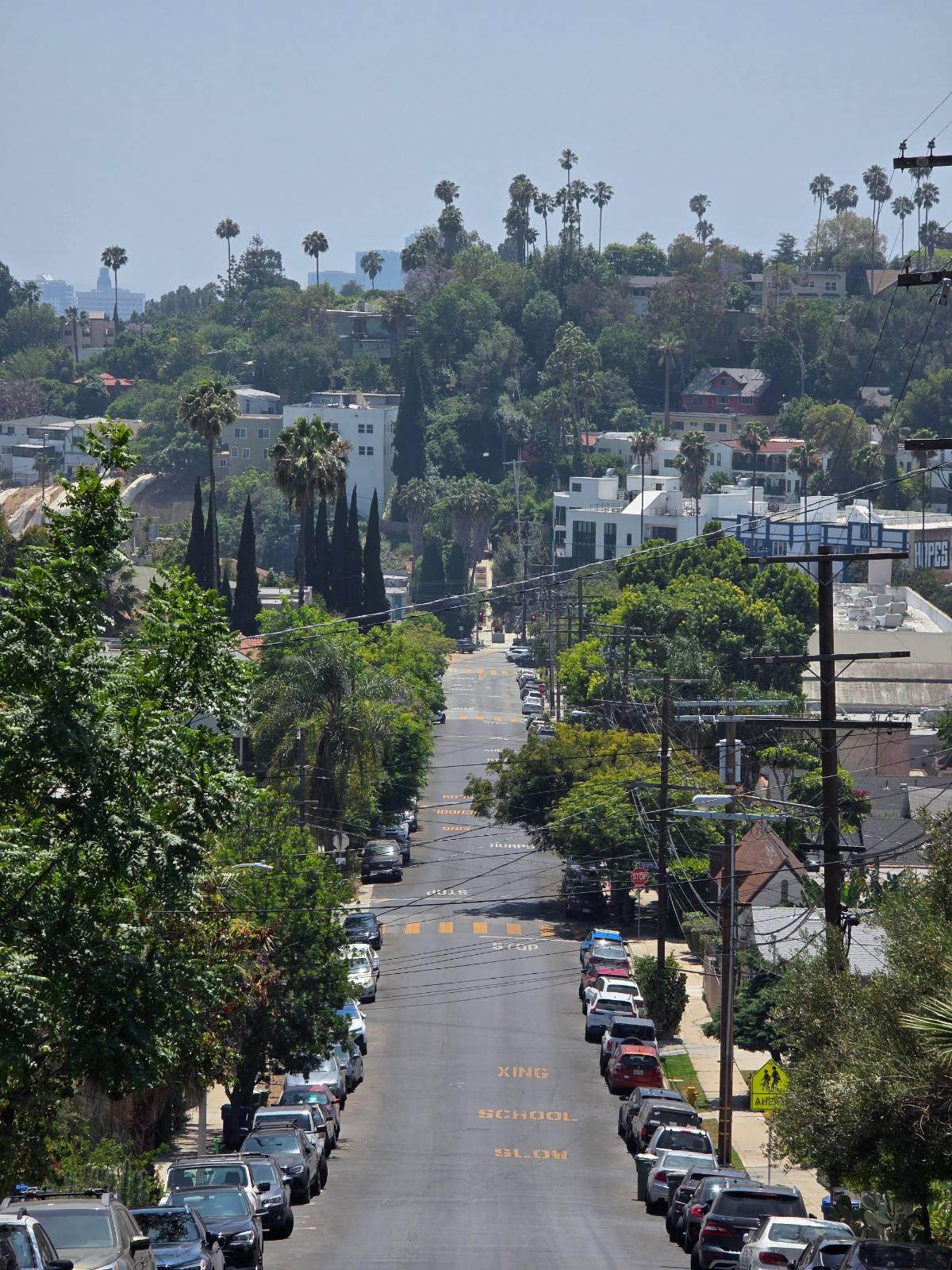 Silver Lake residential street looking toward the downtown Los Angeles skyline
