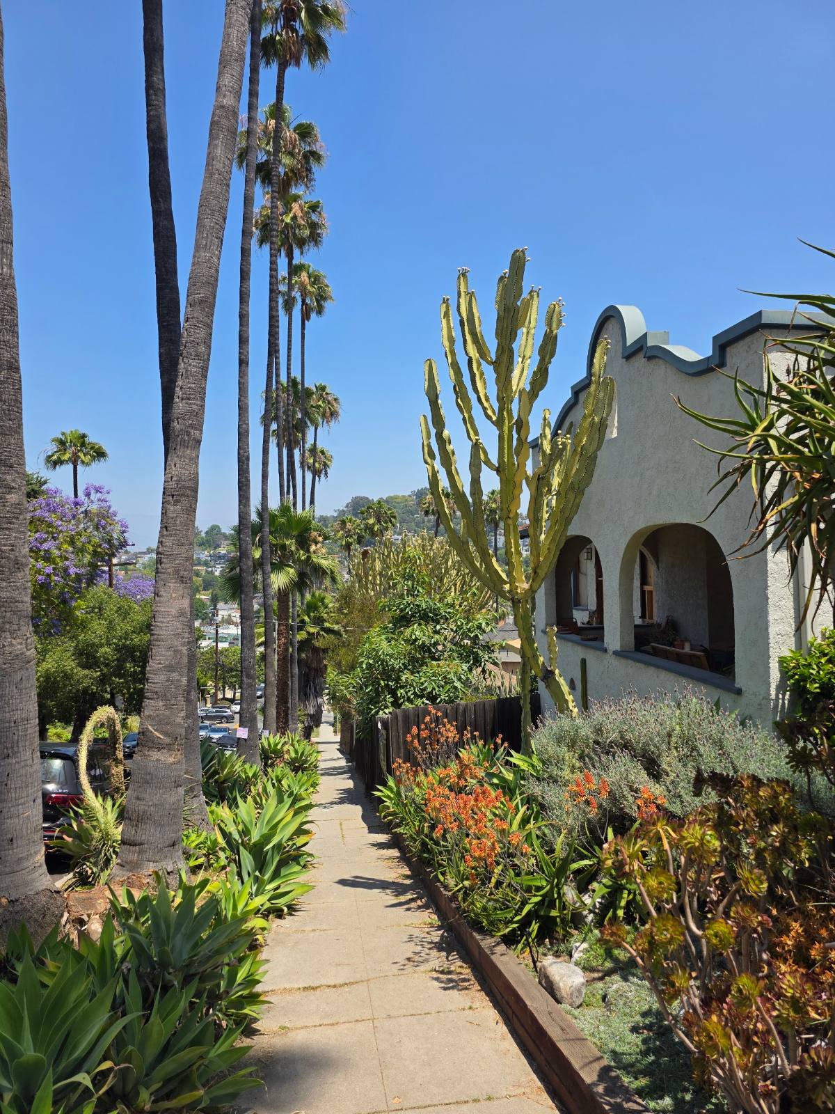 Spanish style home framed by palm trees in Silver Lake, Los Angeles